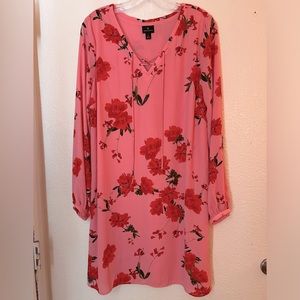 Worthington Womens Pink Red floral Midi V-Neck Dress Long Sleeve